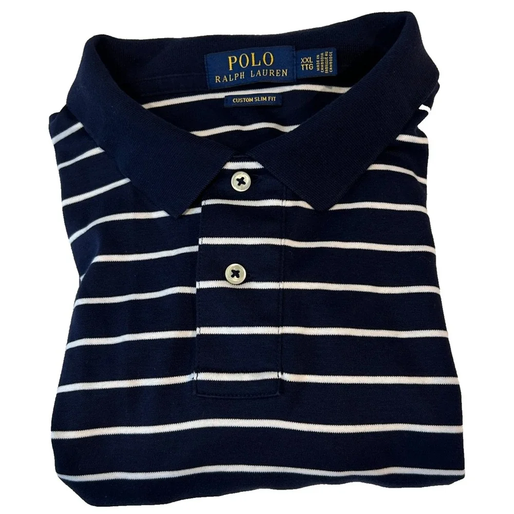 POLO Ralph Lauren Men's Custom Slim Fit Shirt XXL Navy White Stripe‎ Pony Logo